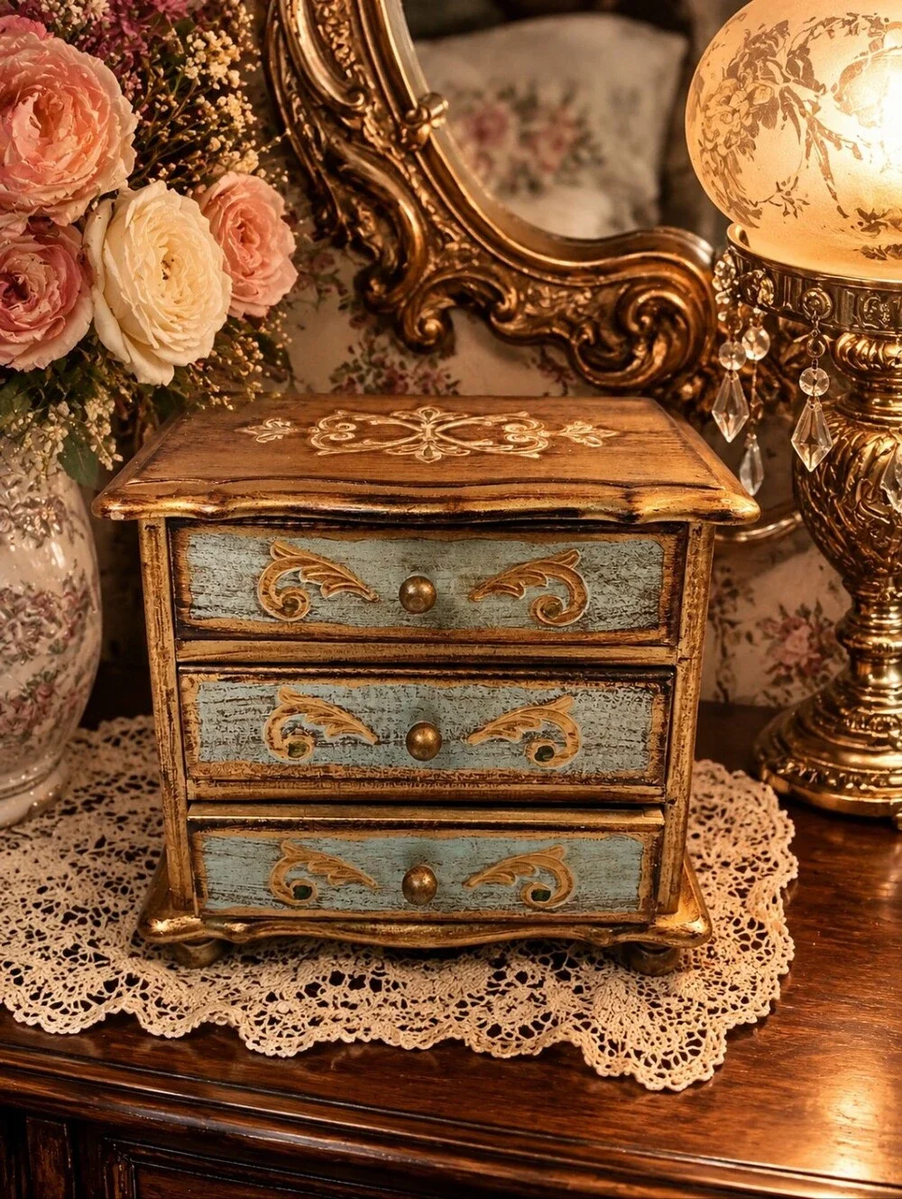 vintage french provincial 3 drawer musical jewelry box shabby chic ornate